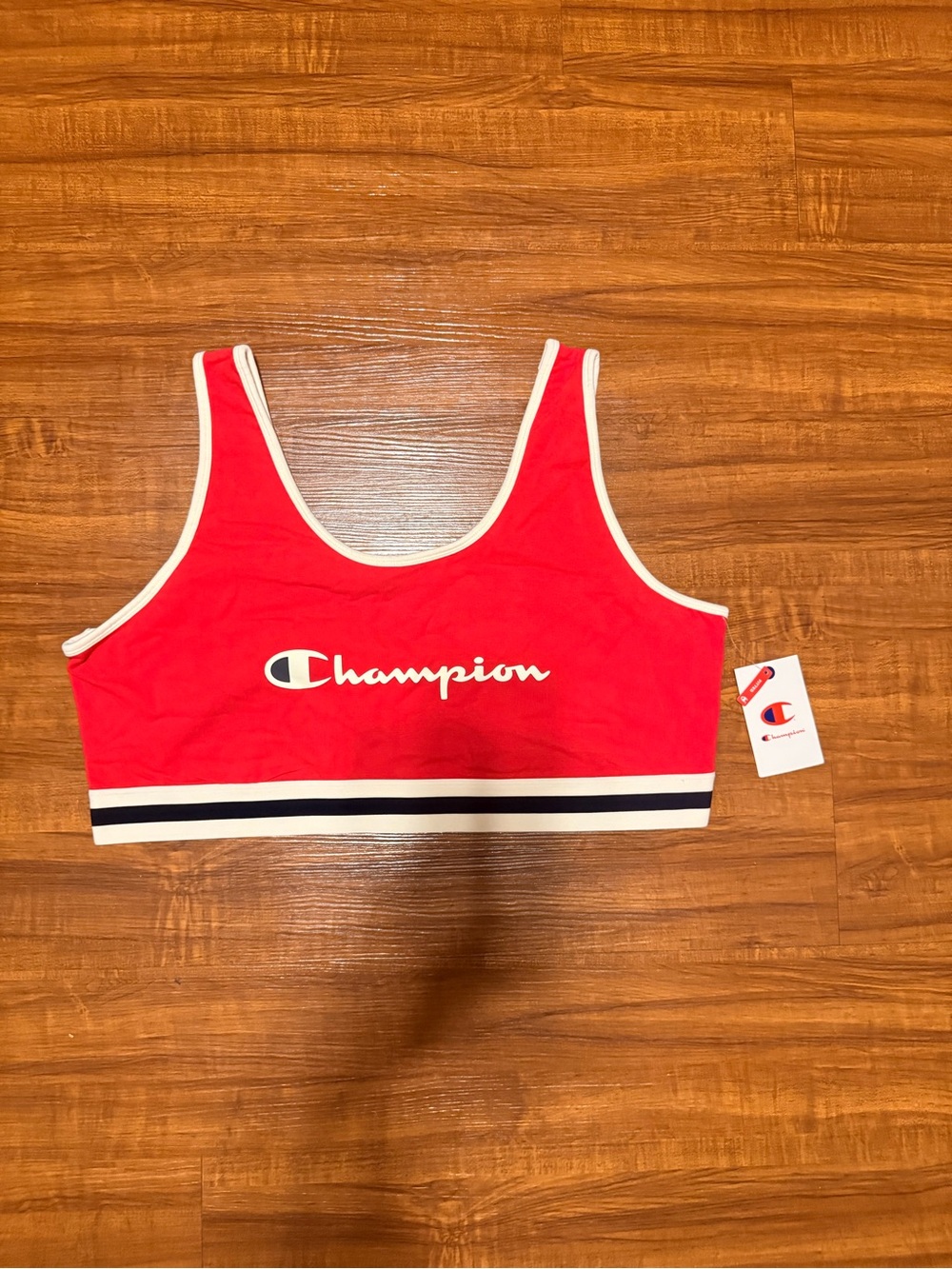 Champion Red Crop Sports Bra with Navy & White Striped Band